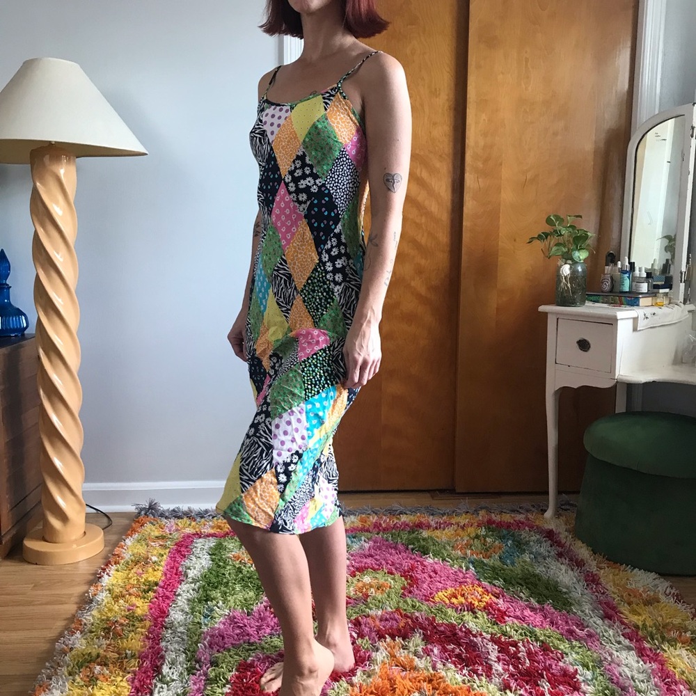 RIXO Patchwork Patterned Sleeveless Diamond Midi Shift Dress